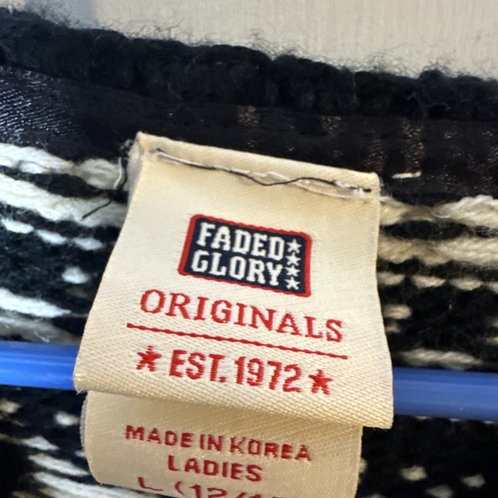 Faded Glory Sweater Womens L Black White Fair Isle Nordic Lace Up Knit Pullover - Picture 2 of 6